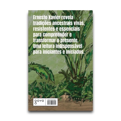 Contracapa de livro com ilustração de plantas e texto explicativo sobre tradições ancestrais