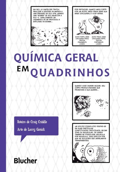 Capa de livro QUÍMICA GERAL EM QUADRINHOS com ilustrações e texto em português brasileiro.