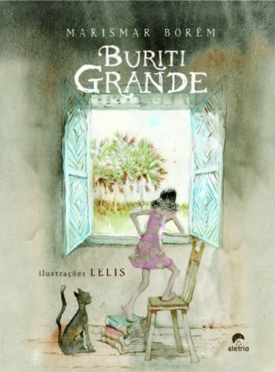 Capa de livro ilustrado com uma menina e um gato junto a uma janela aberta