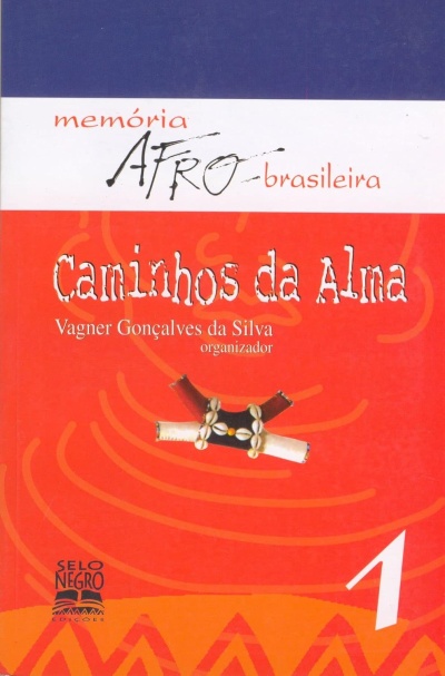 Capa de livro vermelho com título Caminhos da Alma e texto memória AFRO brasileira