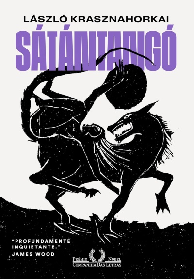 Capa de livro com título roxo e ilustração preta de figura humana e animal