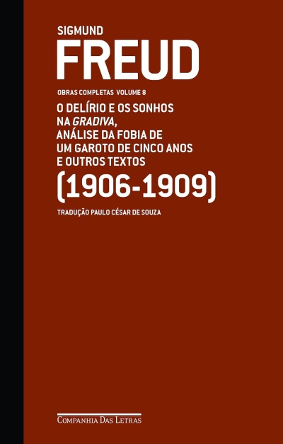 Capa de livro castanha com texto branco da obra de Sigmund Freud, Volume 8 das Obras Completas.