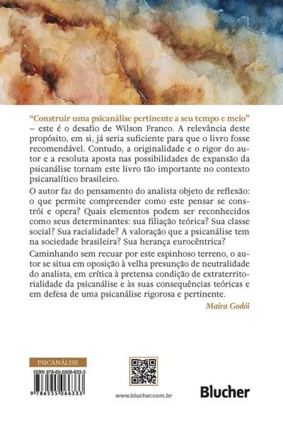 Capa traseira de livro com padrão abstrato e texto sobre psicanálise