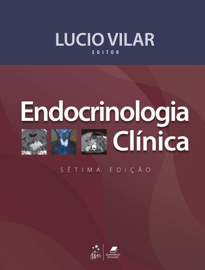 Capa de livro Endocrinologia Clínica com imagens médicas e informações do editor.
