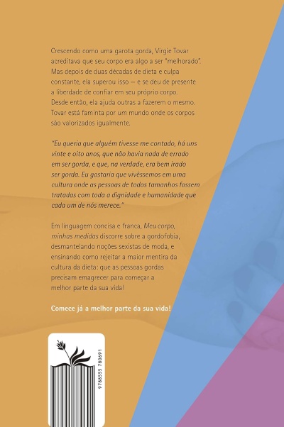 Parte traseira de um livro com texto em português sobre corpo e gordofobia e código de barras.