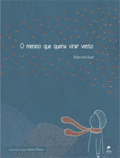 Capa azul de livro infantil com ilustração de menino e folhas castanhas, título e autor em branco
