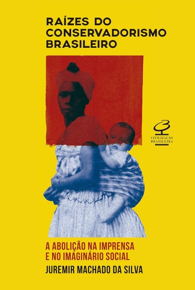 Capa de livro com fundo amarelo, mulher e criança em arte azul e vermelha e textos em preto e vermelho