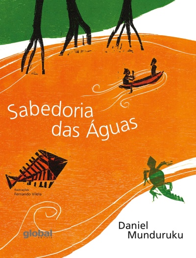 Capa de livro Sabedoria das Águas com ilustrações verdes e laranja