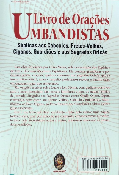 Capa de livro intitulado Livro de Orações Umbandistas com texto explicativo e código de barras.