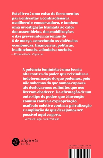 Verso do livro vermelho com texto branco, logótipo da editora elefante e código de barras.