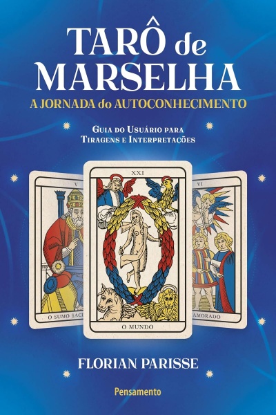 Livro sobre Tarô de Marselha com cartas na capa em fundo azul