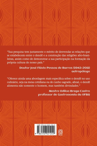 Contracapa de livro com padrão laranja e texto em português sobre o dendê, com código de barras e logótipo da editora