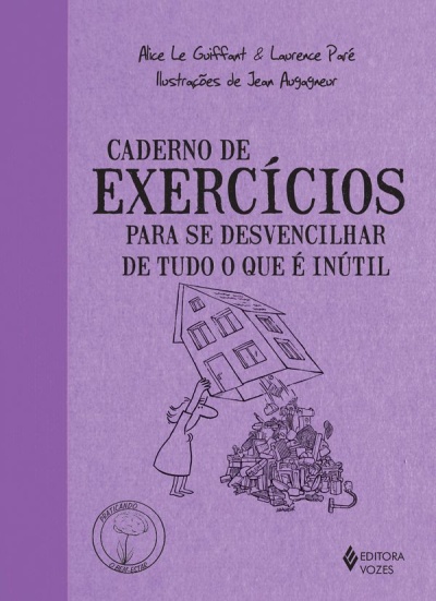 Capa roxa de caderno de exercícios com ilustração e texto em preto