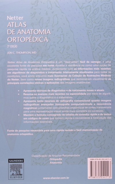 Capa lilás do livro Netter Atlas de Anatomia Ortopédica com texto explicativo e selo da editora.