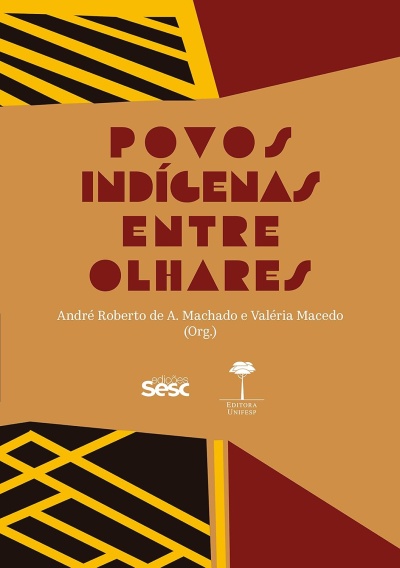 Capa de livro com texto em vermelho e design abstrato em amarelo, castanho e preto