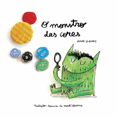 Capa de livro infantil com monstro verde e círculos coloridos.