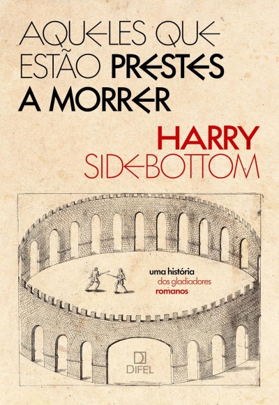 Capa de livro com título e ilustração de anfiteatro romano com gladiadores