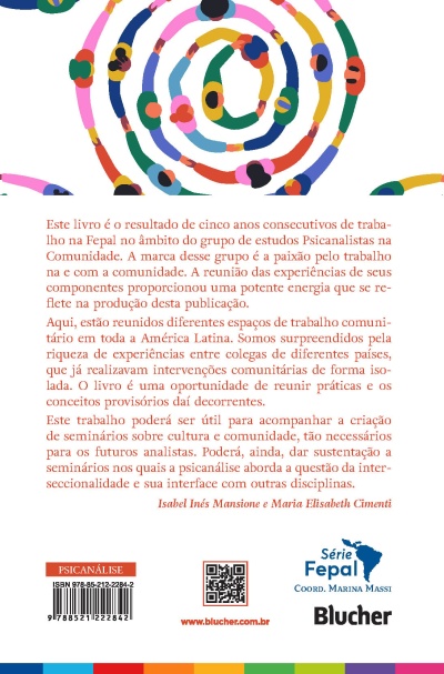 Parte traseira de livro com texto, código de barras, QR code, logotipos e ilustração colorida