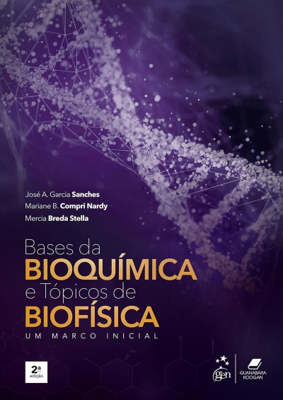 Capa de livro Bases da Bioquímica e Tópicos de Biofísica, fundo roxo com hélice de ADN