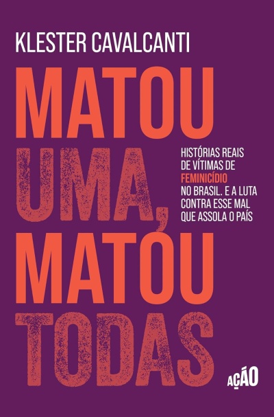 Capa de livro roxa com texto grande e laranja sobre feminicídio no Brasil