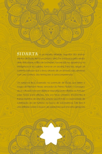 Capa de livro amarela decorada com mandalas e texto em português sobre o romance Sidarta