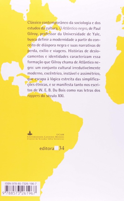 Contracapa de livro com texto em português e fundo amarelo com formas irregulares
