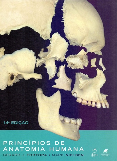 Partes do crânio humano dispostas sobre fundo azul escuro com título e autores do livro