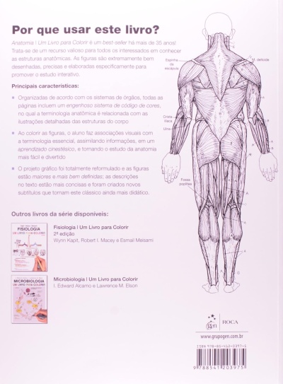 Contracapa de livro com texto em português e ilustração anatómica do corpo humano posterior.