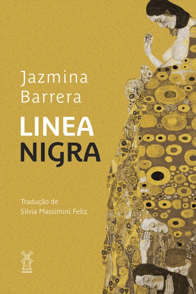Capa de livro amarelo com título LINEA NIGRA e ilustração de mulher grávida com padrão dourado.