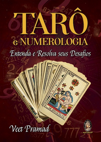 Capa de livro de Tarô e Numerologia com cartas de Tarô e texto em português