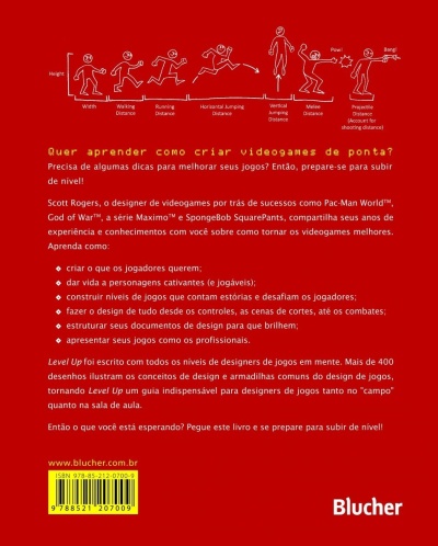 Contra capa de livro vermelho com ilustração de bonecos indicando distâncias em movimento e texto em português sobre design de videogames.