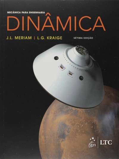 Capa de livro de mecânica para engenharia com título DINÂMICA e imagem de nave espacial sobre um planeta
