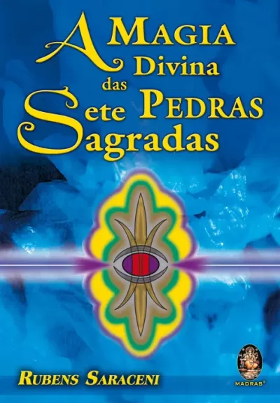 Capa de livro azul com texto amarelo e símbolo colorido central