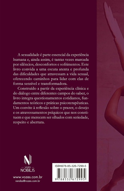 Capa traseira de livro roxa com texto branco, código de barras, logo e contactos.