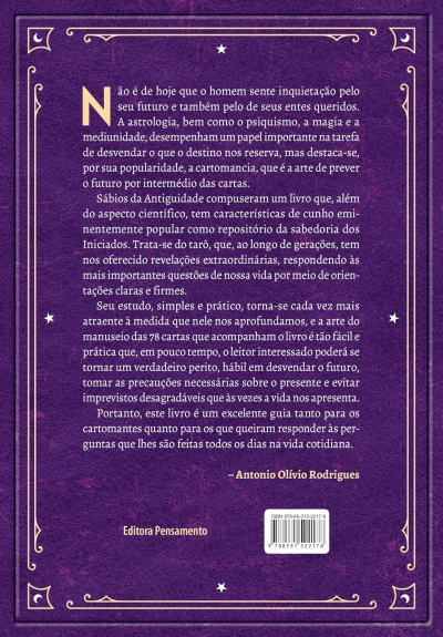 Capa traseira de livro roxo com texto e decoração dourada