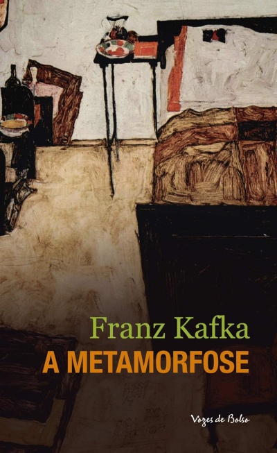 Capa de livro A Metamorfose de Franz Kafka com ilustração abstrata e texto colorido