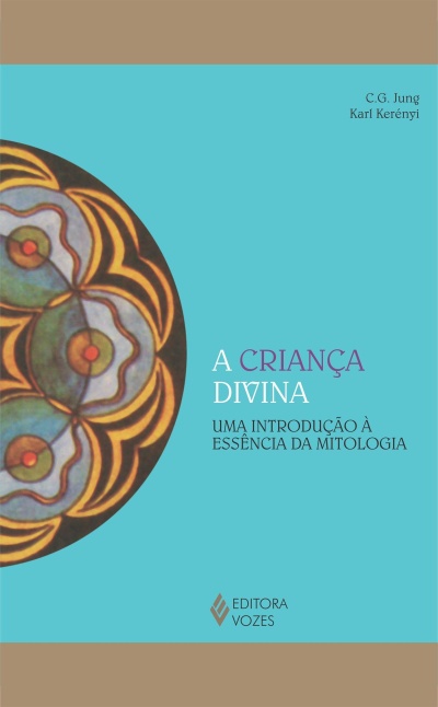Capa de livro azul com círculo decorativo colorido e texto sobre mitologia