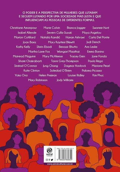 Capa traseira de livro com fundo roxo, ilustração de mulheres e texto sobre poder e luta feminina