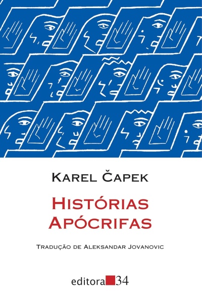 Capa do livro Histórias Apócrifas de Karel Čapek com padrão azul e branco de rostos estilizados