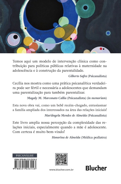 Contracapa de livro com texto em português, ilustração colorida abstrata e dados da editora.
