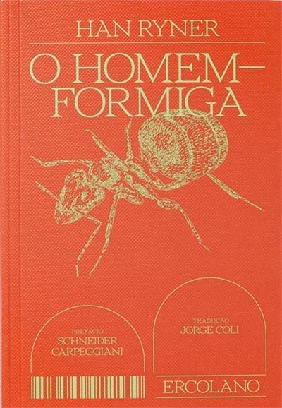 Capa de livro O Homem-Formiga com formiga dourada em fundo laranja