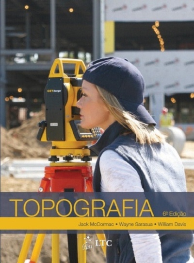 Capa do livro de topografia com mulher usando equipamento de medição amarelo
