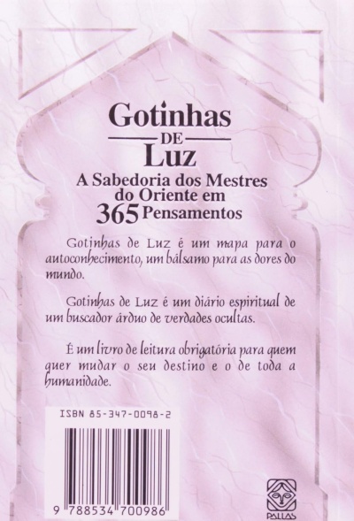Contra-capa de livro Gotinhas de Luz com texto descritivo e código de barras