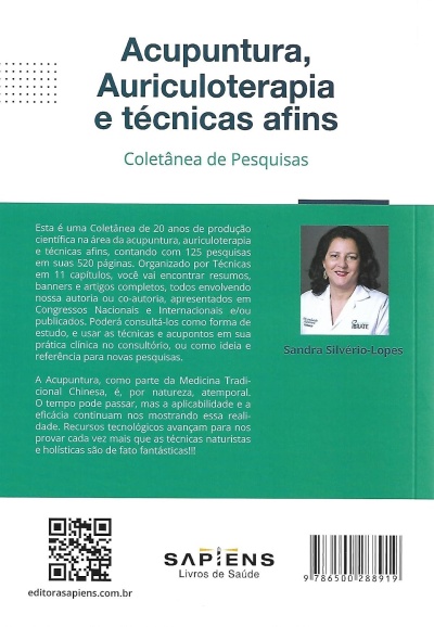Contracapa do livro Acupuntura, Auriculoterapia e técnicas afins com texto e foto da autora
