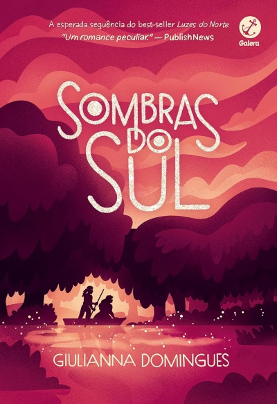 Capa de livro Sombras do Sul com ilustração de duas pessoas num barco e texto em rosa e roxo