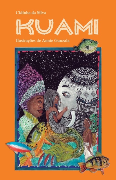 Capa de livro infantil colorida com título KUAMI e ilustração de figuras humanas, peixe e elefante decorados