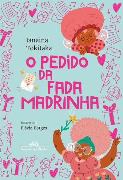Capa de livro infantil com título em rosa e ilustrações coloridas de fadas