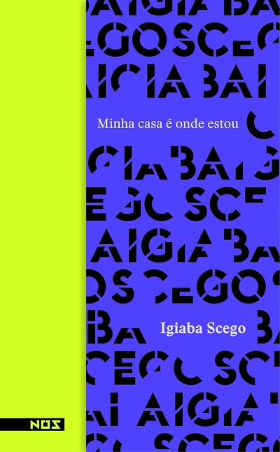 Capa de livro azul e amarelo com texto e padrão de letras