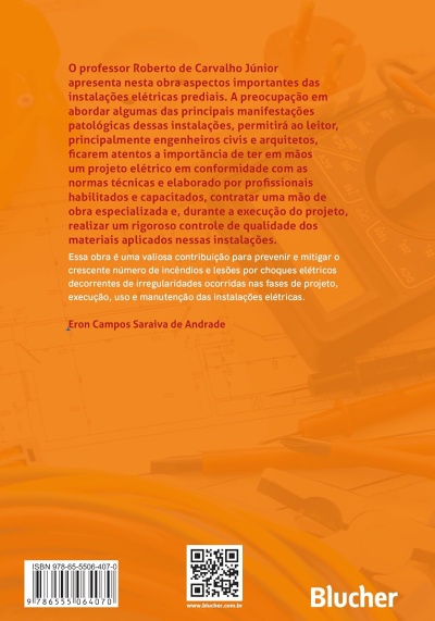 Contracapa de livro com texto em fundo laranja, código de barras, código QR e logo Blucher