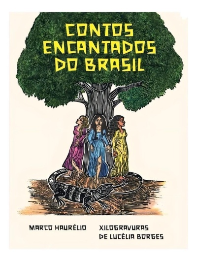 Ilustração de três mulheres junto a uma árvore e um lagarto, com texto em amarelo e preto.